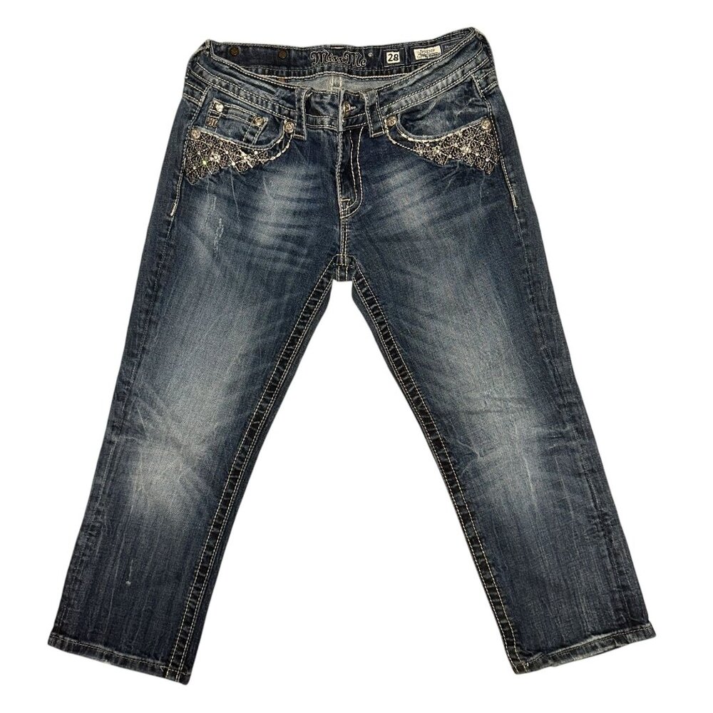 Miss Me Capris Womens Jeans 28 22 JP5810P Embroidered Studded Rhinestones Blue - Picture 2 of 8